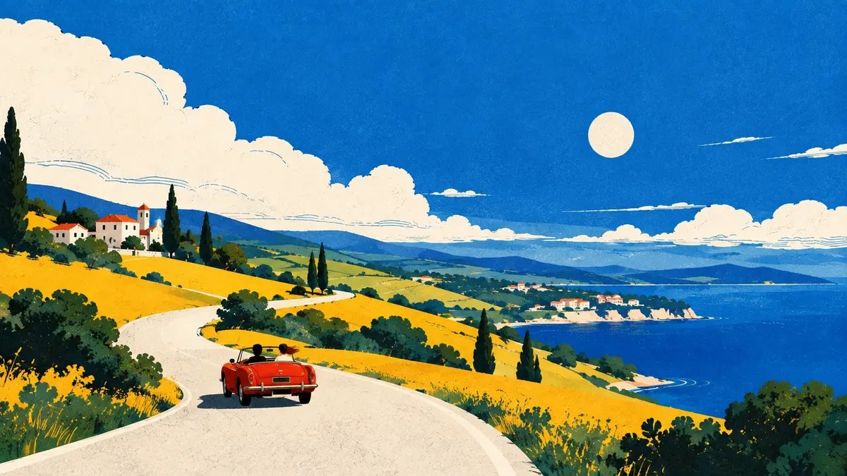 Gleicher Stil: ein rotes Cabrio auf einer kurvigen Küstenstraße