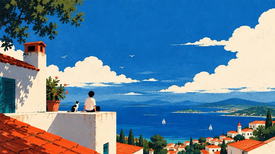 Flache Illustration: eine Person mit Katze auf einem Dach unter riesigem blauem Himmel, darunter Meer und Altstadt