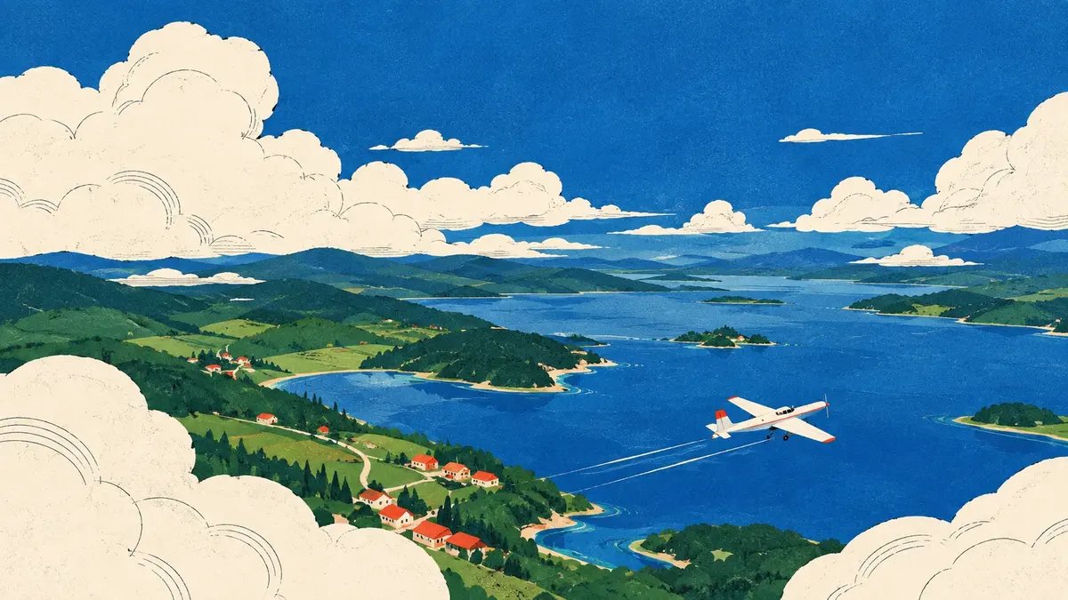 Gleicher Stil: ein kleines Flugzeug über einer Inselgruppe
