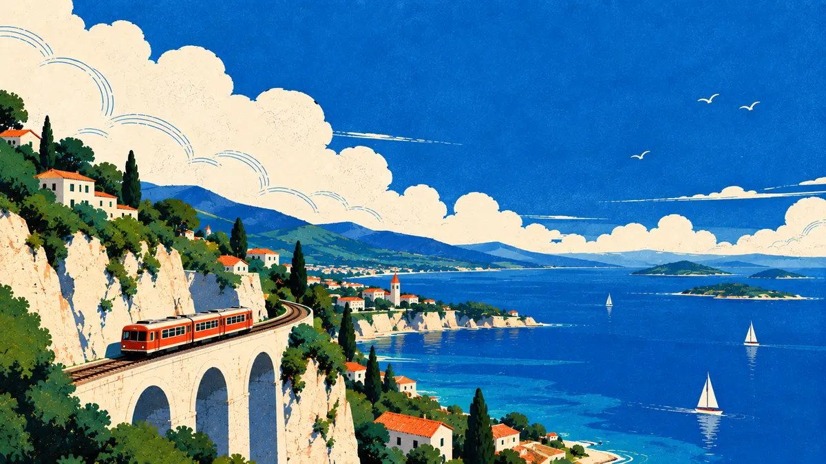 Gleicher Stil: ein roter Zug fährt über ein Viadukt an einer Steilküste am Meer